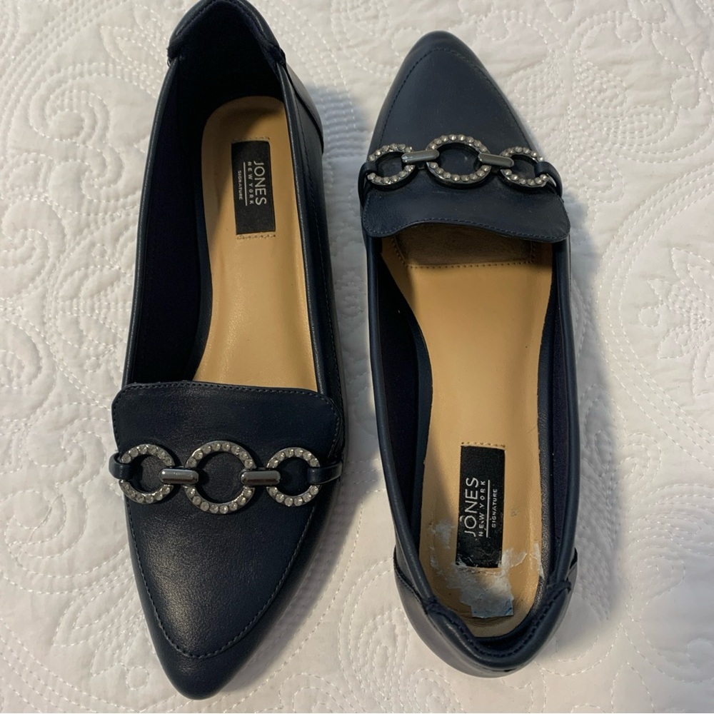 Jones New York Navy Pointed Toe Flats with Chain-Link Accent